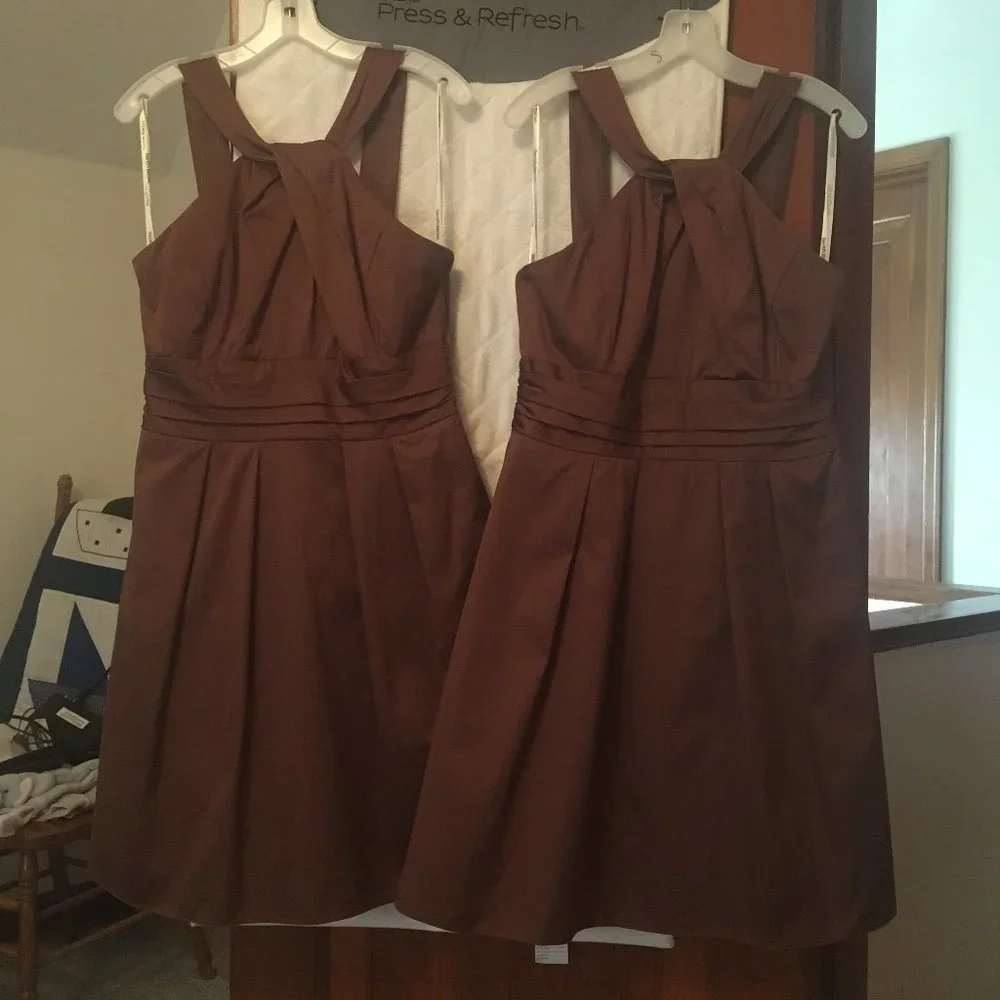 David’s Bridal Cocoa/Chocolate Short Cotton Dress Y-Neck and Skirt Pleating - 2 - Picture 2 of 6